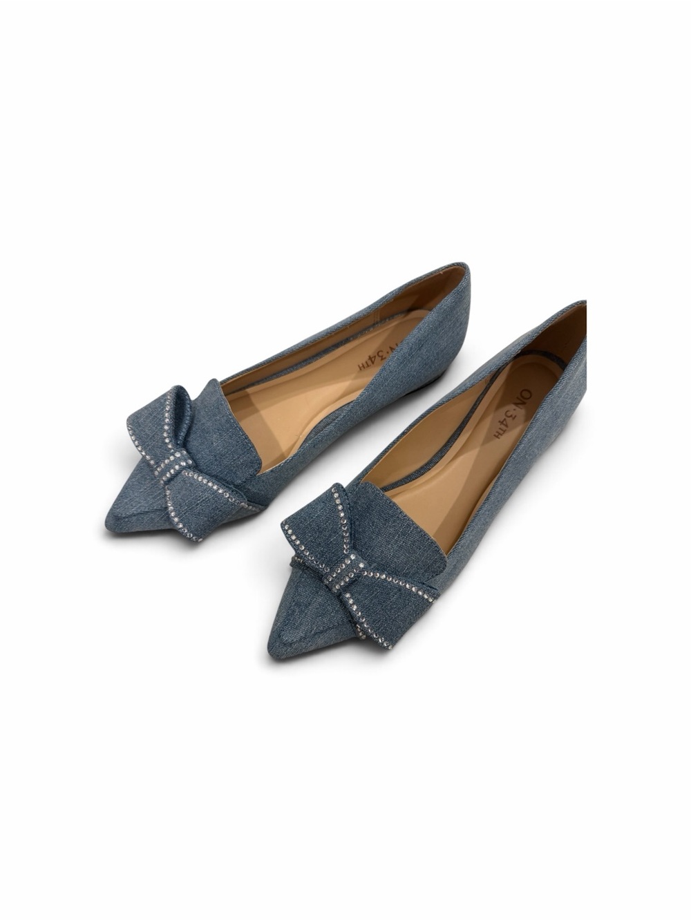 Pointed Denim Bow Flats with Crystal Trim - Women